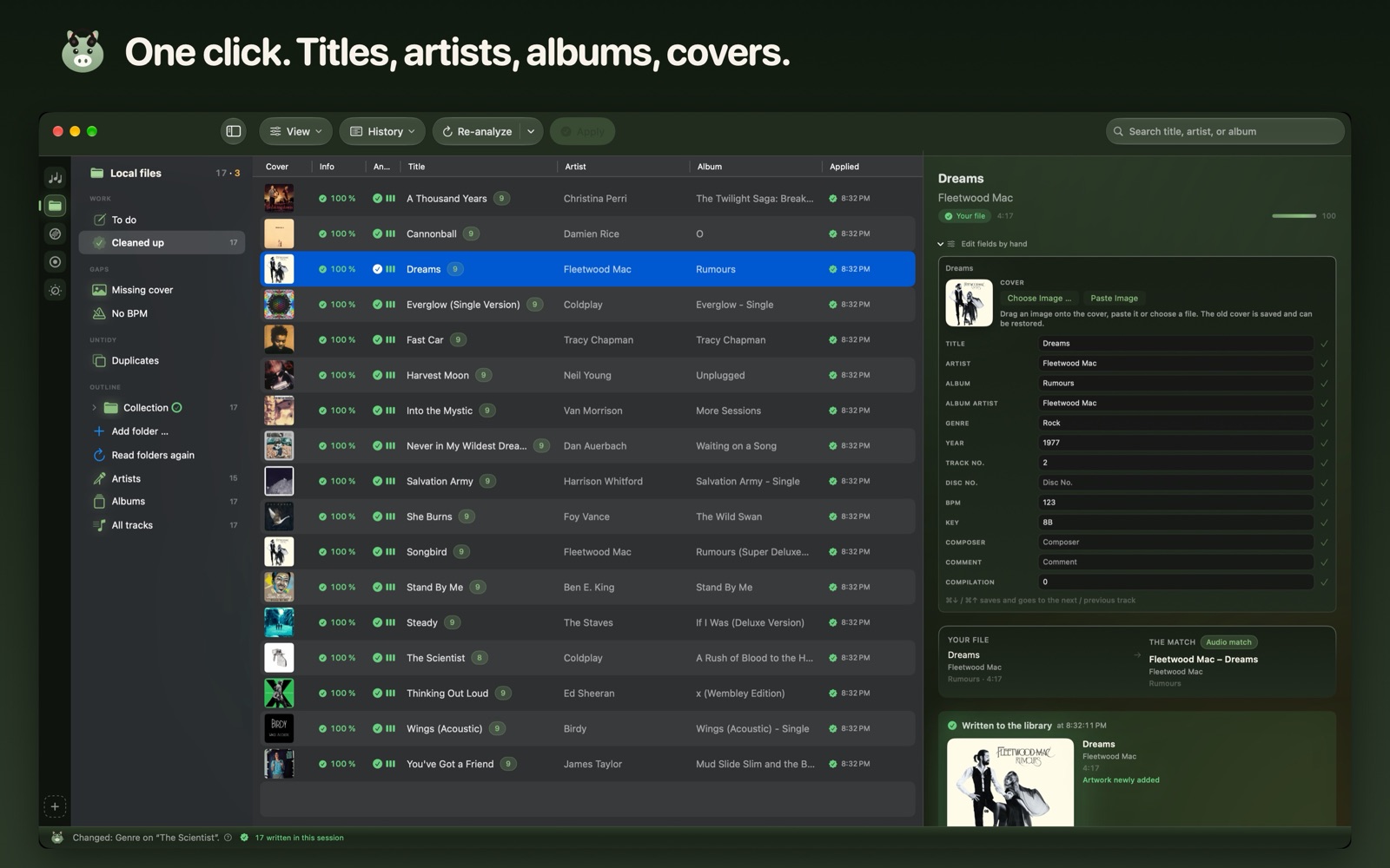 One click. Titles, artists, albums, covers. (نقرة واحدة. العناوين والفنانون والألبومات والأغلفة.)