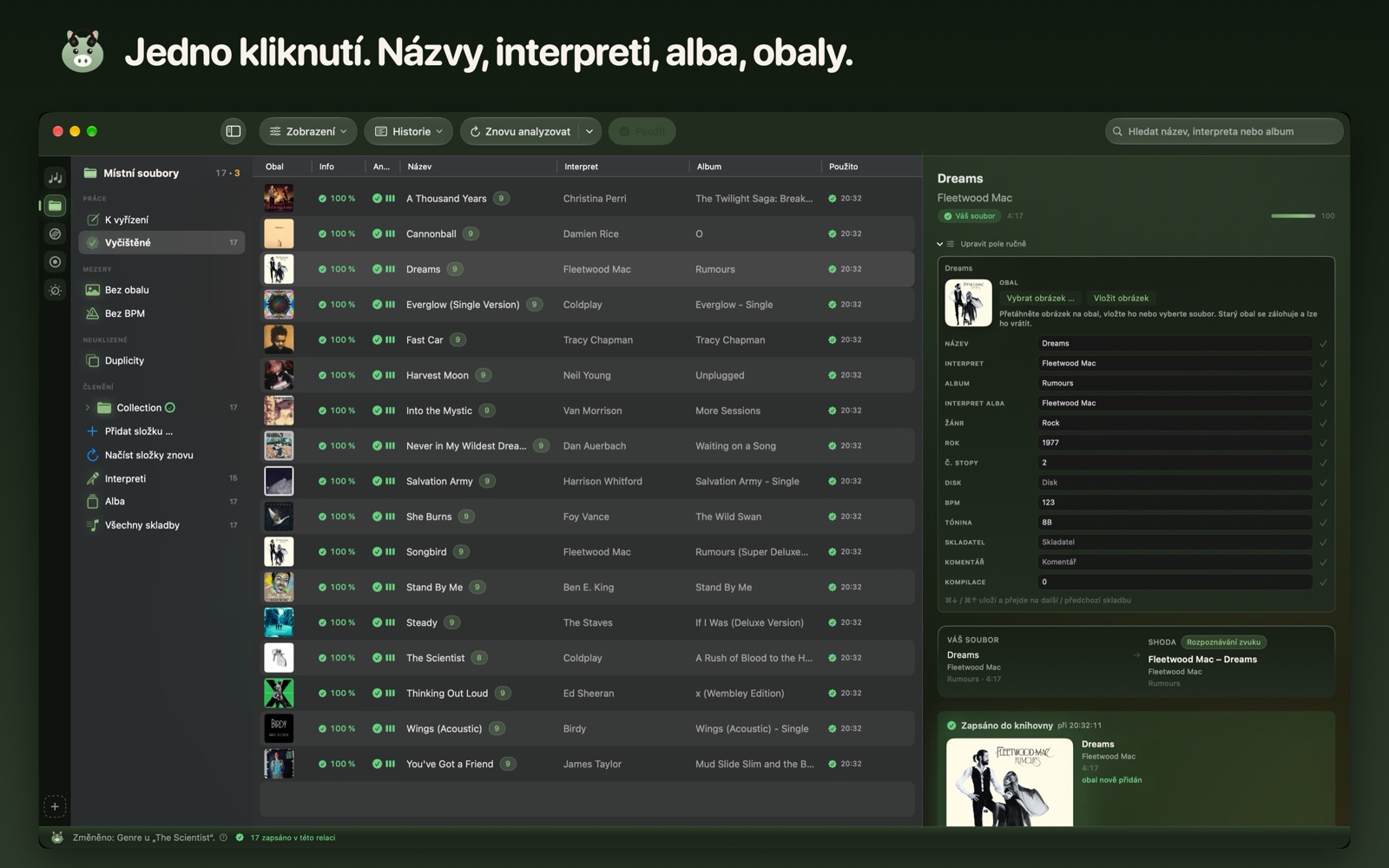 Jedno kliknutí. Názvy, interpreti, alba, obaly.
