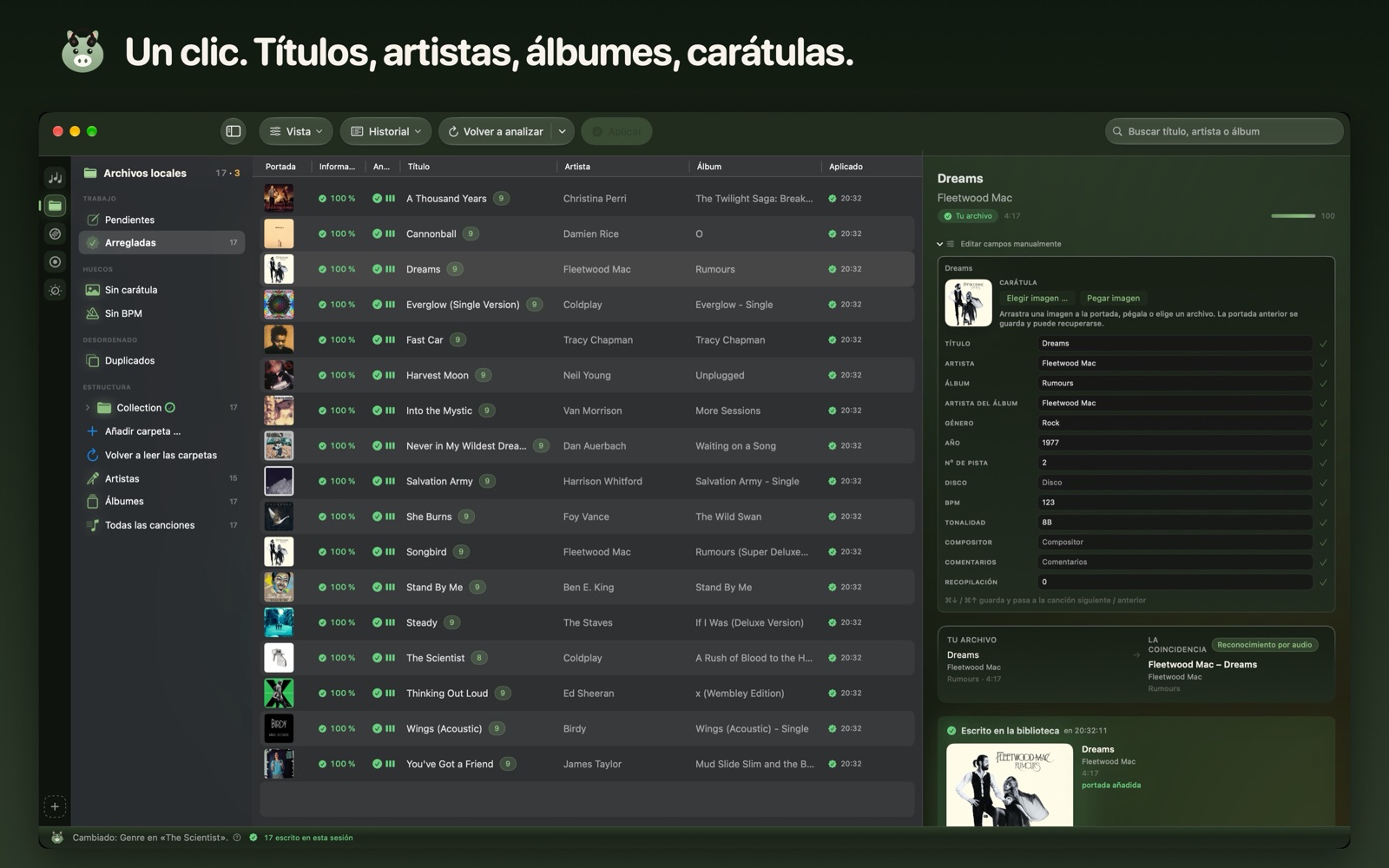 Un clic. Títulos, artistas, álbumes, carátulas.