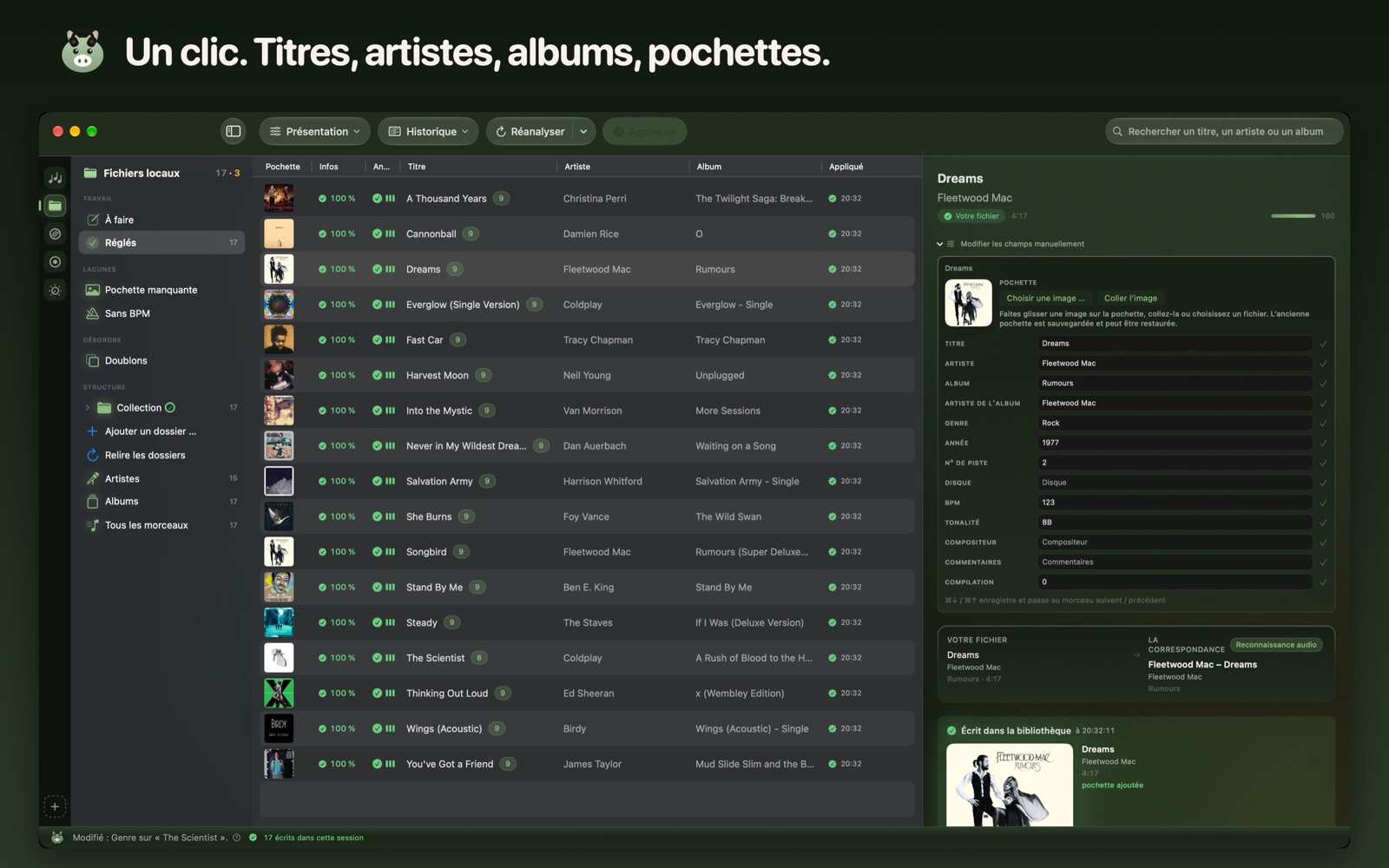 Un clic. Titres, artistes, albums, pochettes.