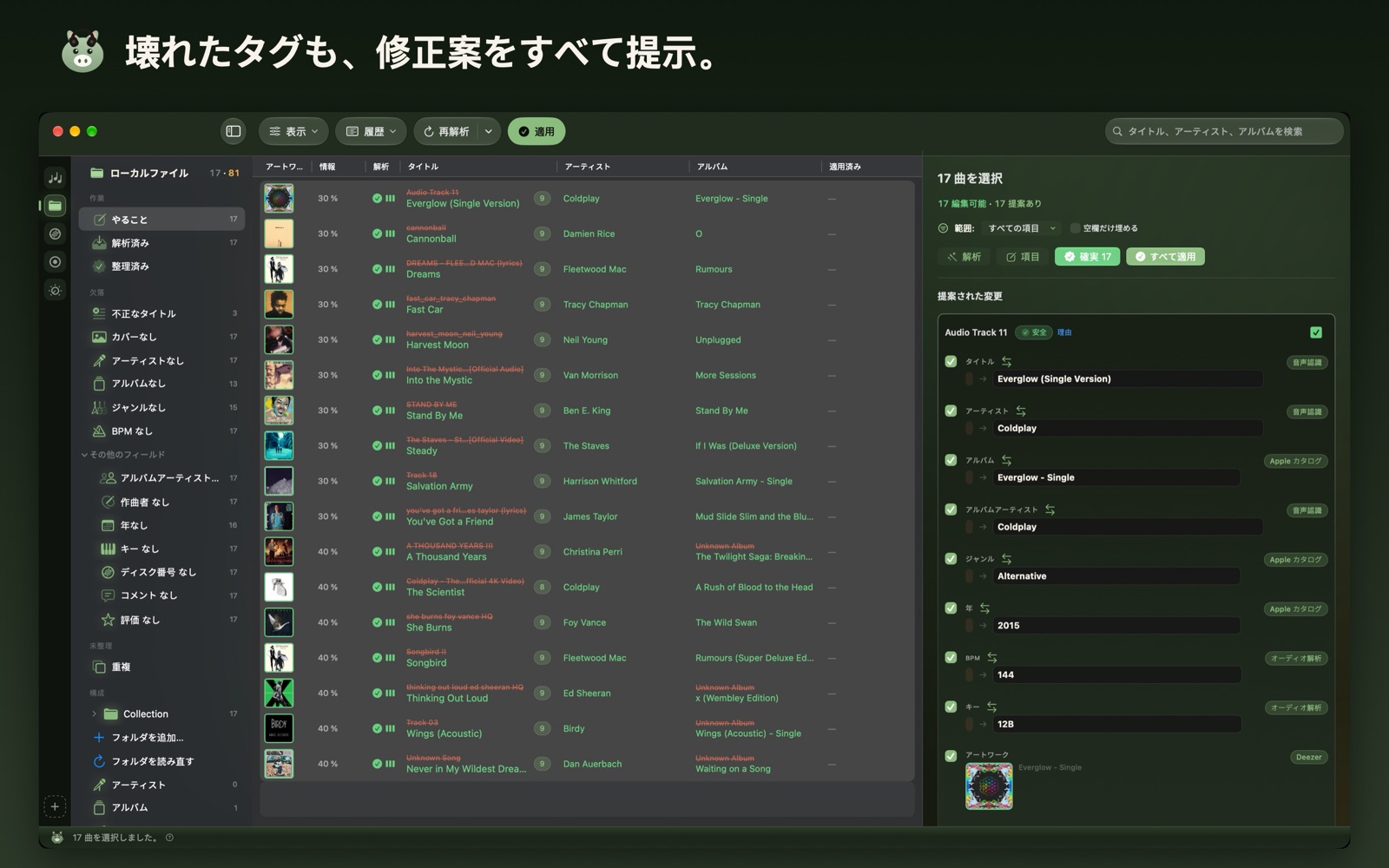 壊れたタグも、修正案をすべて提示。