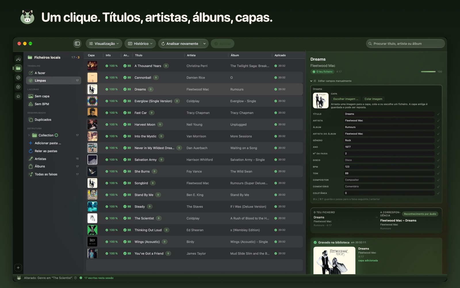 Um clique. Títulos, artistas, álbuns, capas.