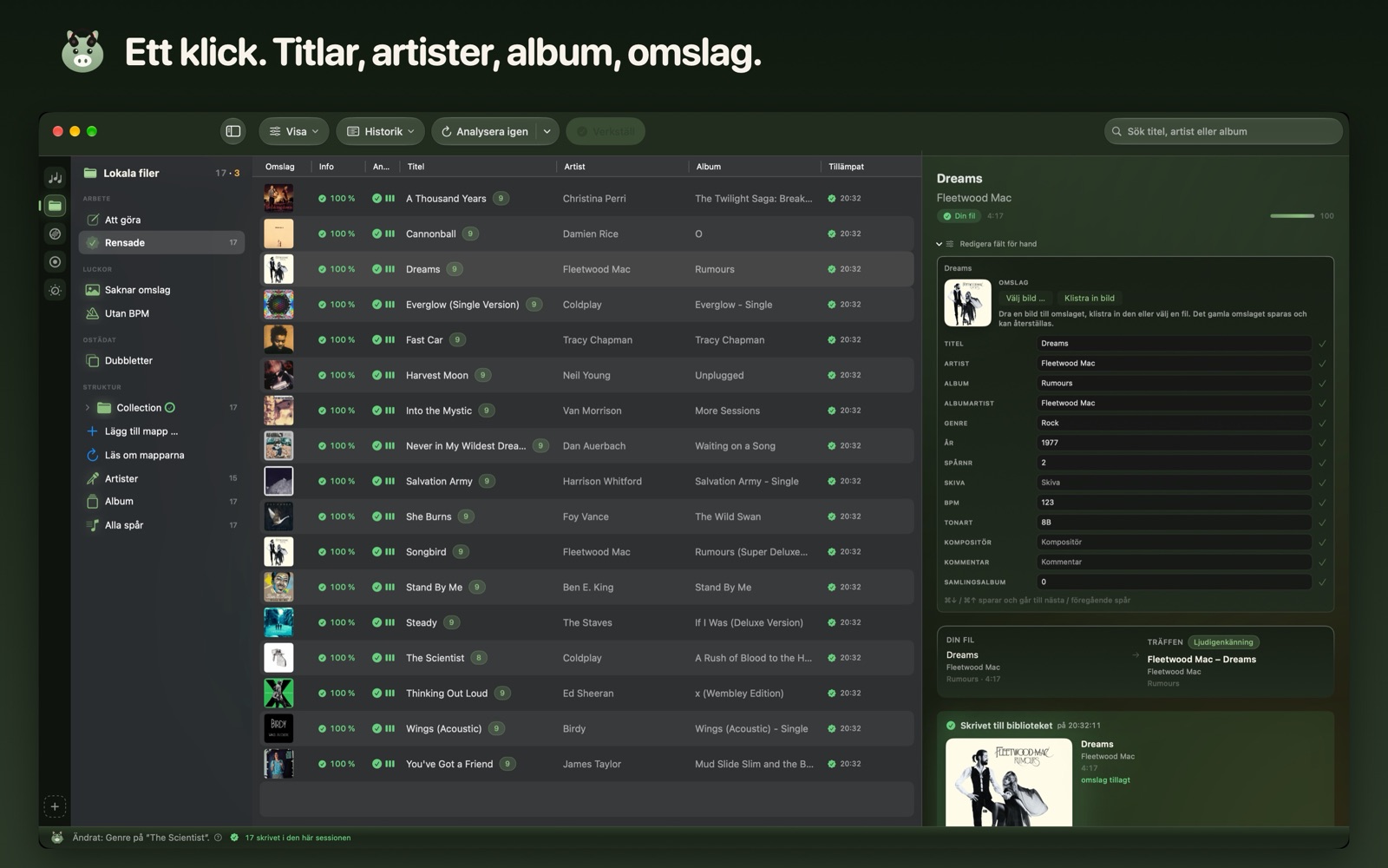 Ett klick. Titlar, artister, album, omslag.