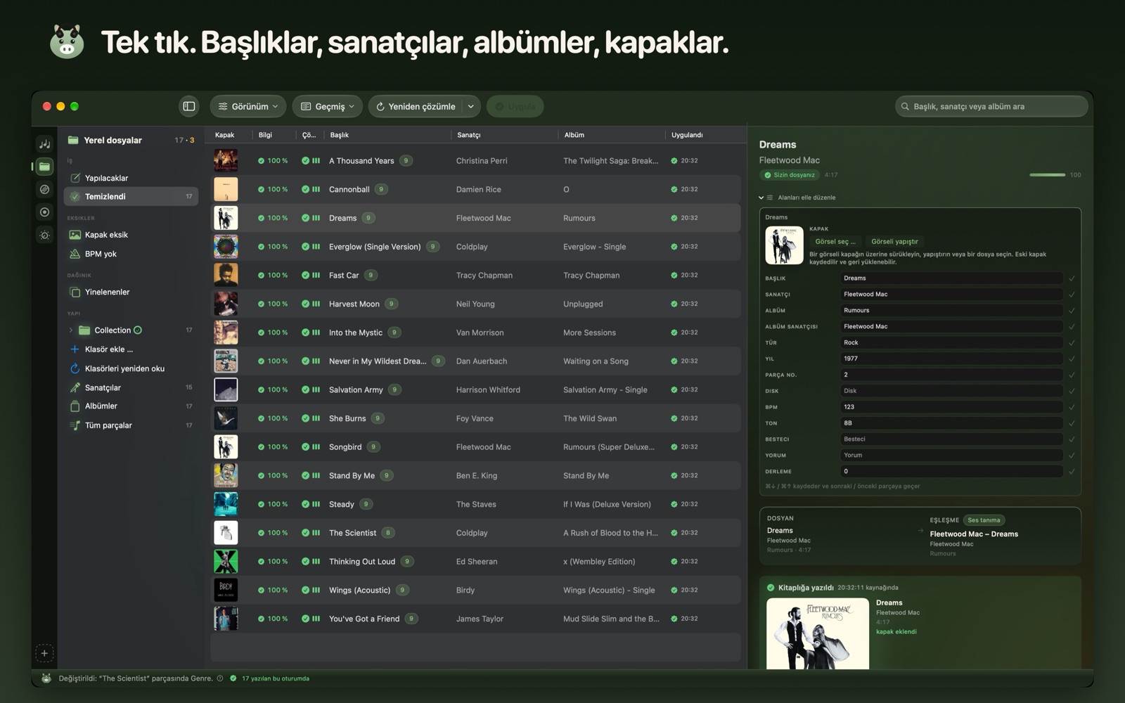 Tek tık. Başlıklar, sanatçılar, albümler, kapaklar.